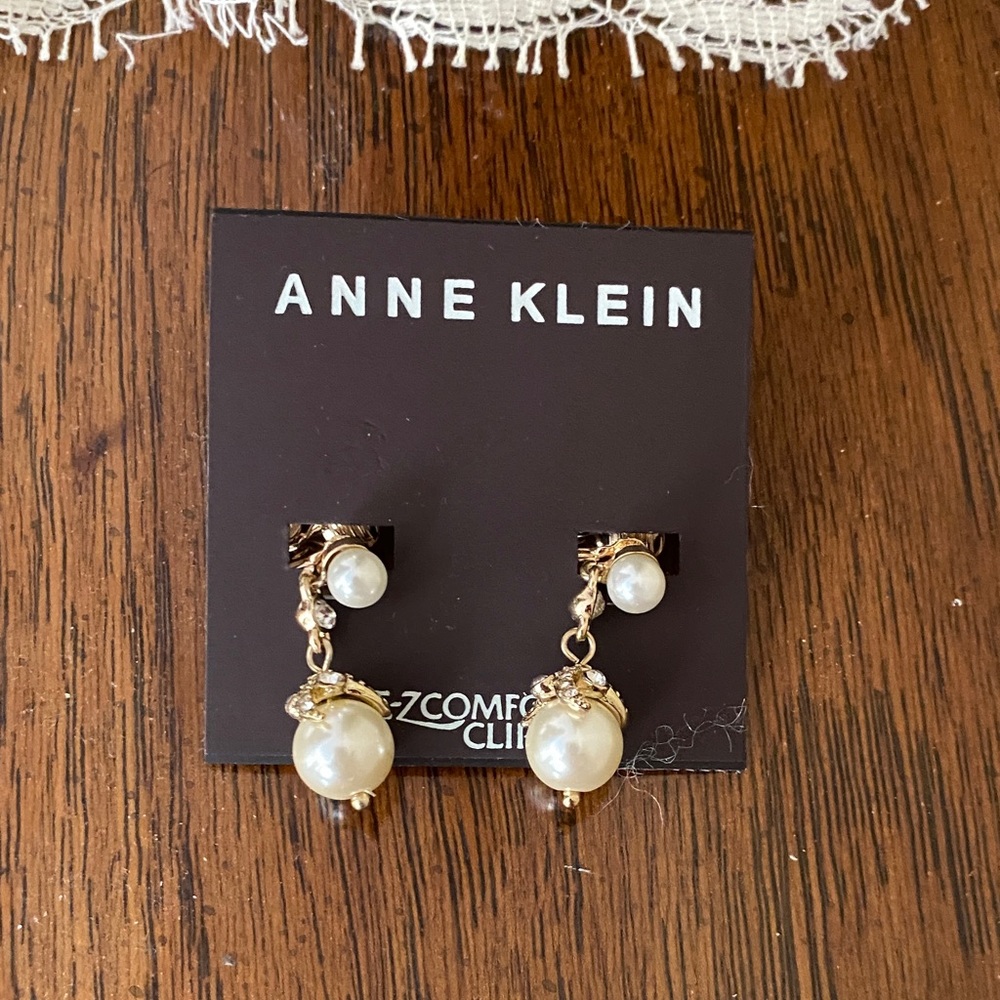 Anne Klein Clip On Gold and Cream Drop Earrings